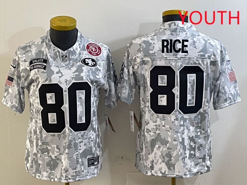 Youth San Francisco 49ers #80 Rice Nike Arctic Camo 2025 Salute to Service Limited NFL Jersey style 4